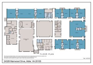 Detailed floor plan of the 44,384 SF building at 24328 Marrwood Drive, Aldie, VA, showing room layouts, indoor activity areas, offices, and storage spaces.