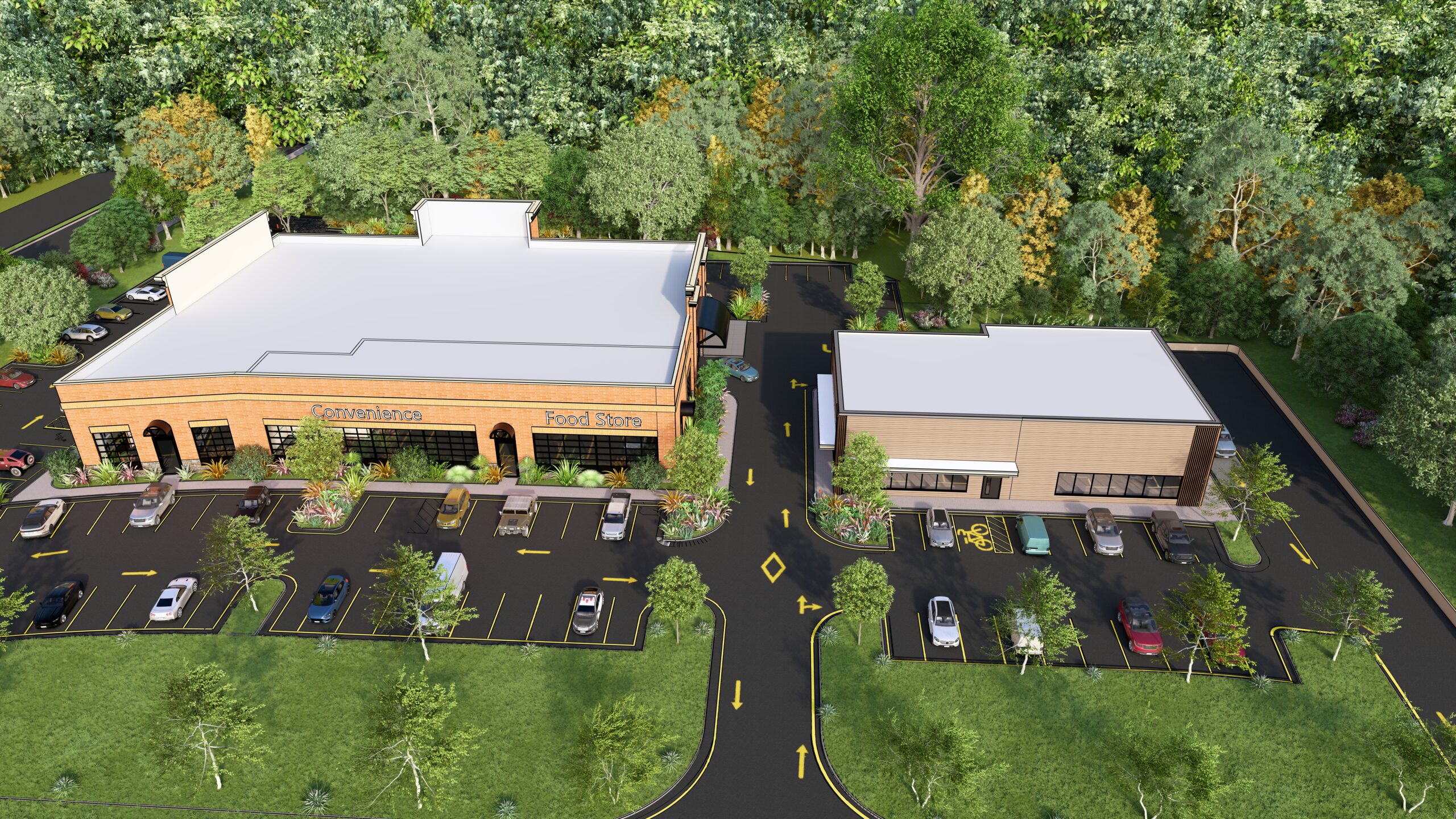 Rendering of a proposed development featuring two buildings, including a convenience food store and a smaller building designed for a drive-thru restaurant, surrounded by parking and landscaped green spaces.