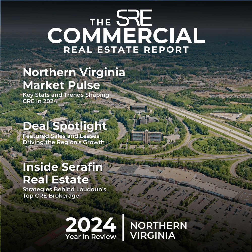 Cover of 'The SRE Commercial Real Estate Report: 2024 Year in Review,' highlighting market data, deal spotlights, and insights into Northern Virginia's commercial real estate trends.