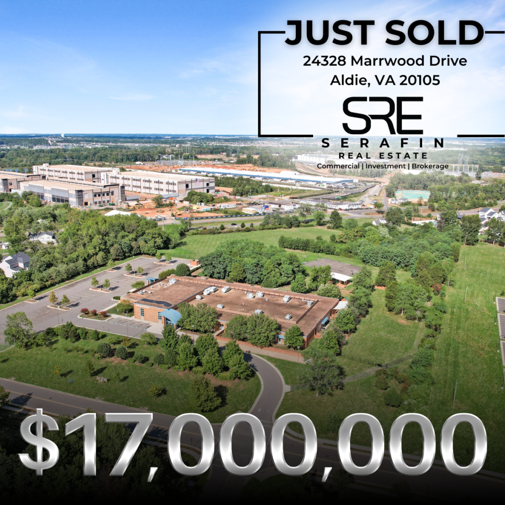 Aerial photo of 24328 Marrwood Drive in Aldie, VA, a commercial property sold by Joe Serafin of Serafin Real Estate for $17 million. The image highlights the property's prime location in Loudoun County.