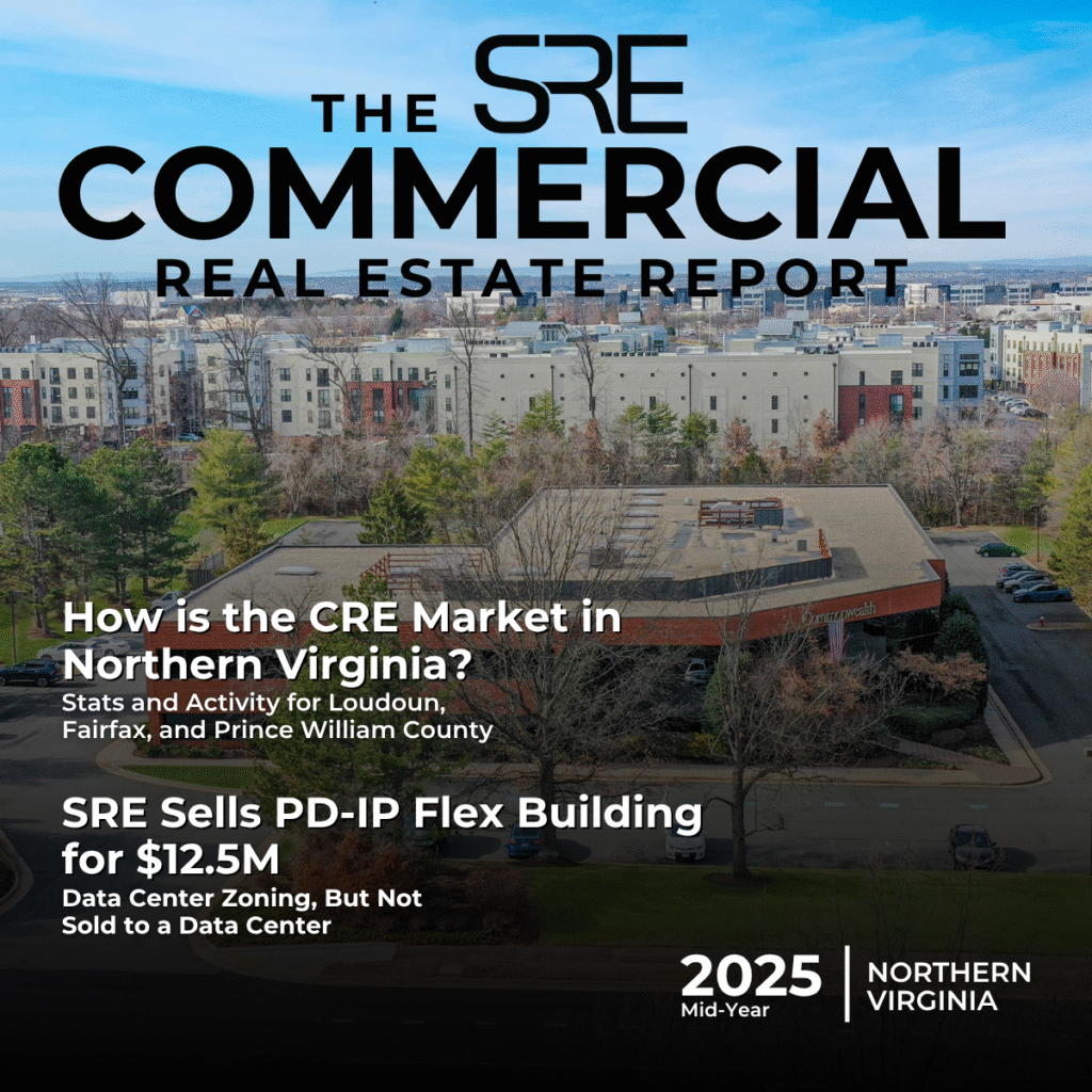 Aerial view of a commercial flex building in Loudoun County with urban development in the background, featured on the cover of the 2025 mid-year Northern Virginia commercial real estate market report.