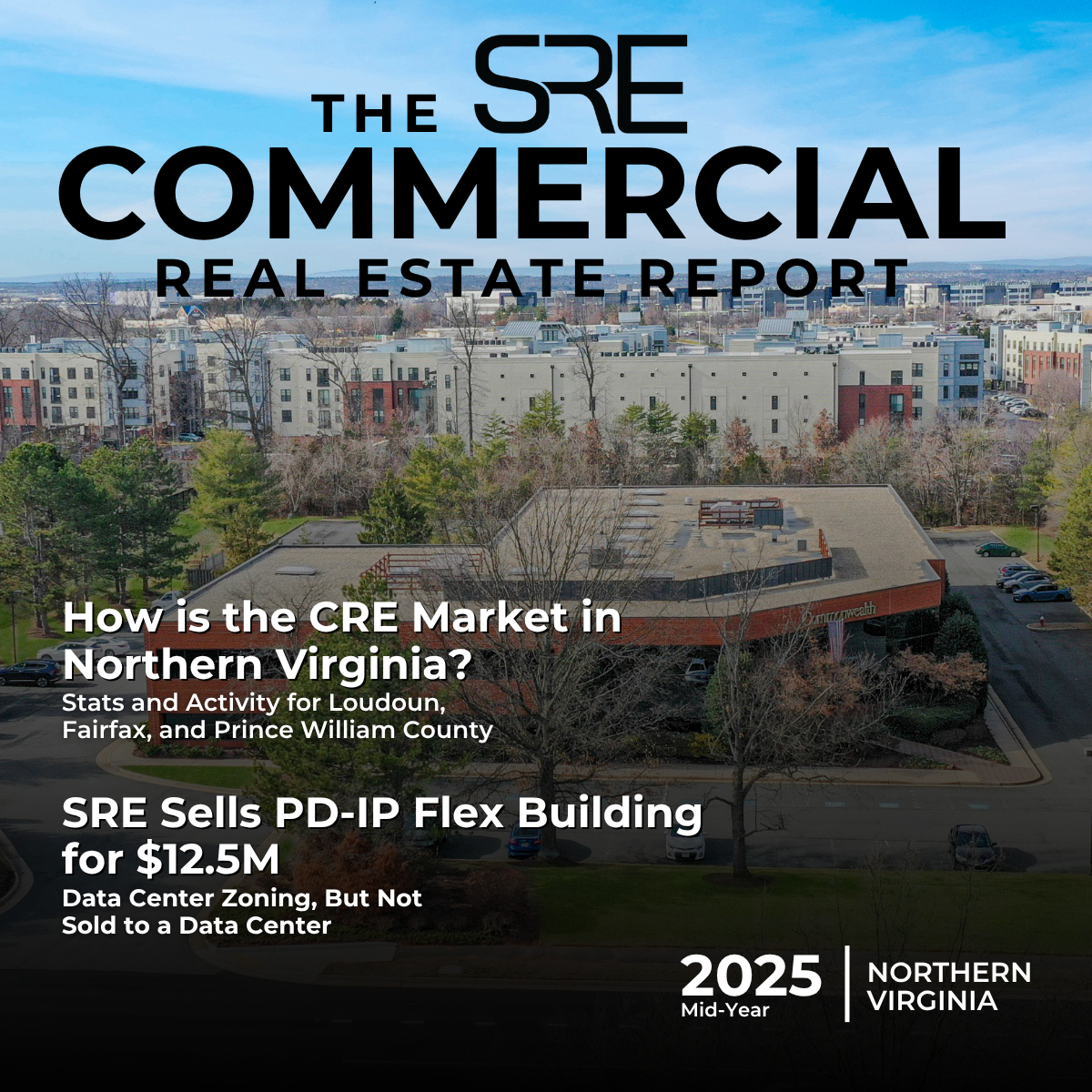 Aerial view of a commercial flex building in Loudoun County with urban development in the background, featured on the cover of the 2025 mid-year Northern Virginia commercial real estate market report.