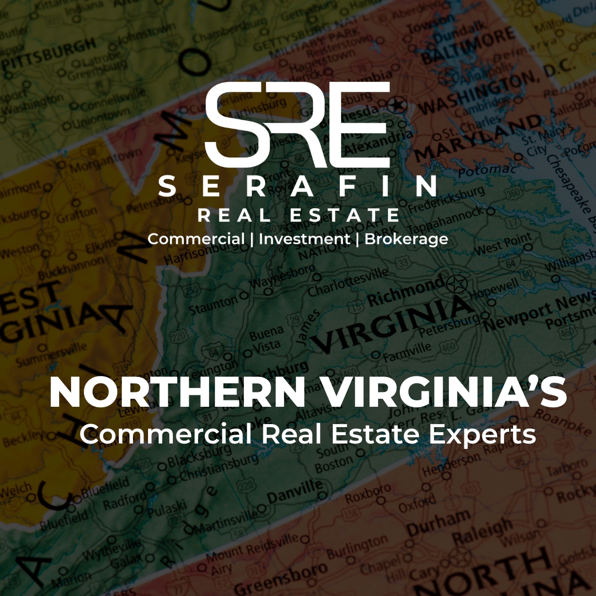 Map of Virginia and surrounding states with the Serafin Real Estate logo and text reading “Northern Virginia’s Commercial Real Estate Experts.”
