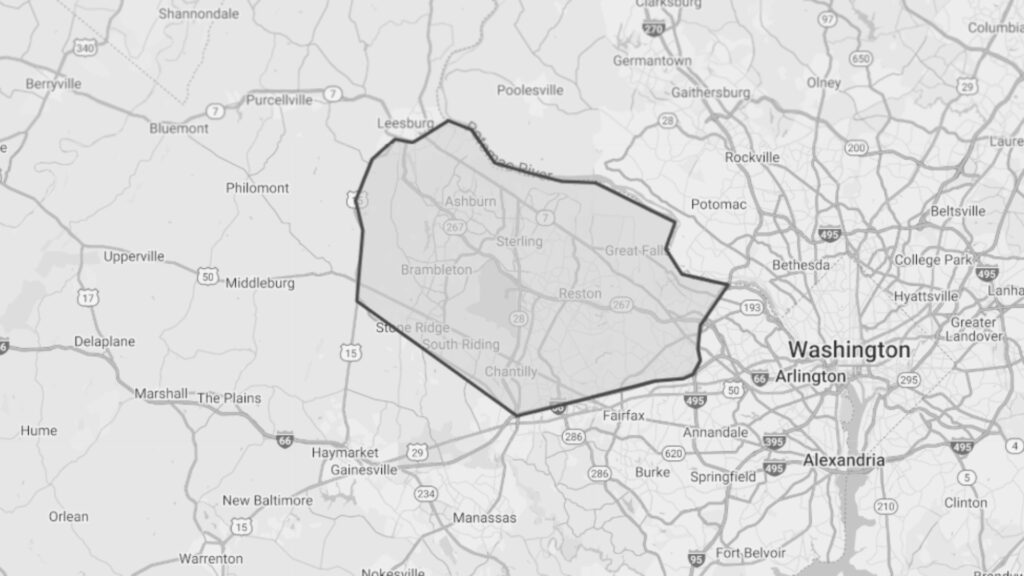 Map of the Dulles Region commercial real estate market area in Northern Virginia, highlighting key cities including Leesburg, Ashburn, Sterling, Herndon, Reston, and Chantilly — created by Serafin Real Estate led by Joe Serafin.