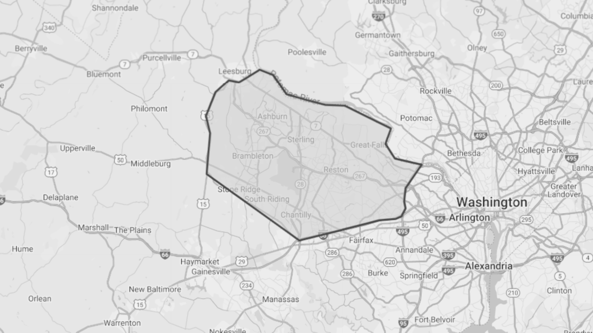 Map of the Dulles Region commercial real estate market area in Northern Virginia, highlighting key cities including Leesburg, Ashburn, Sterling, Herndon, Reston, and Chantilly — created by Serafin Real Estate led by Joe Serafin.