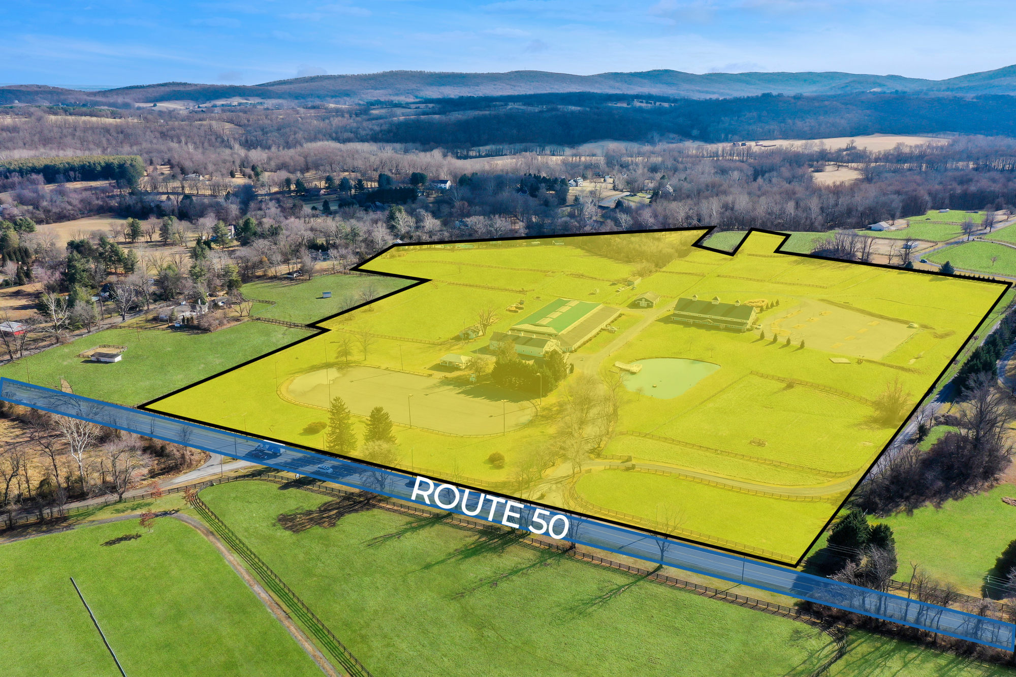 Aerial view of 23320 Foxchase Farm Lane in Middleburg, VA, showing property boundary and Route 50 frontage, sold by Serafin Real Estate for commercial and event use.