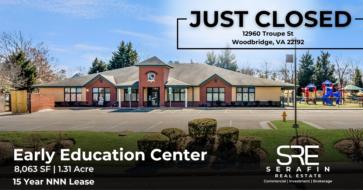 Childcare real estate Woodbridge VA 15 year NNN lease secured by Serafin Real Estate for 12960 Troupe St early education center.