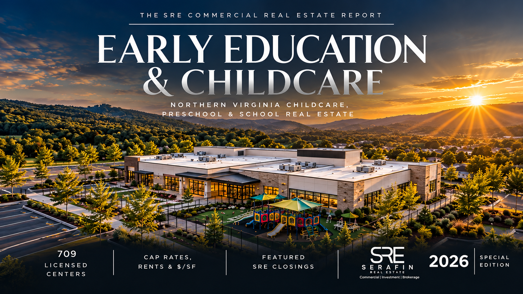 Northern Virginia childcare real estate market report 2026 cover, aerial view of an early education center and playground at sunset