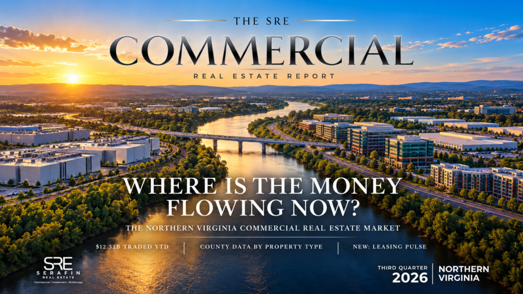 Northern Virginia commercial real estate market report Q3 2026 cover, river through data centers, offices and apartments